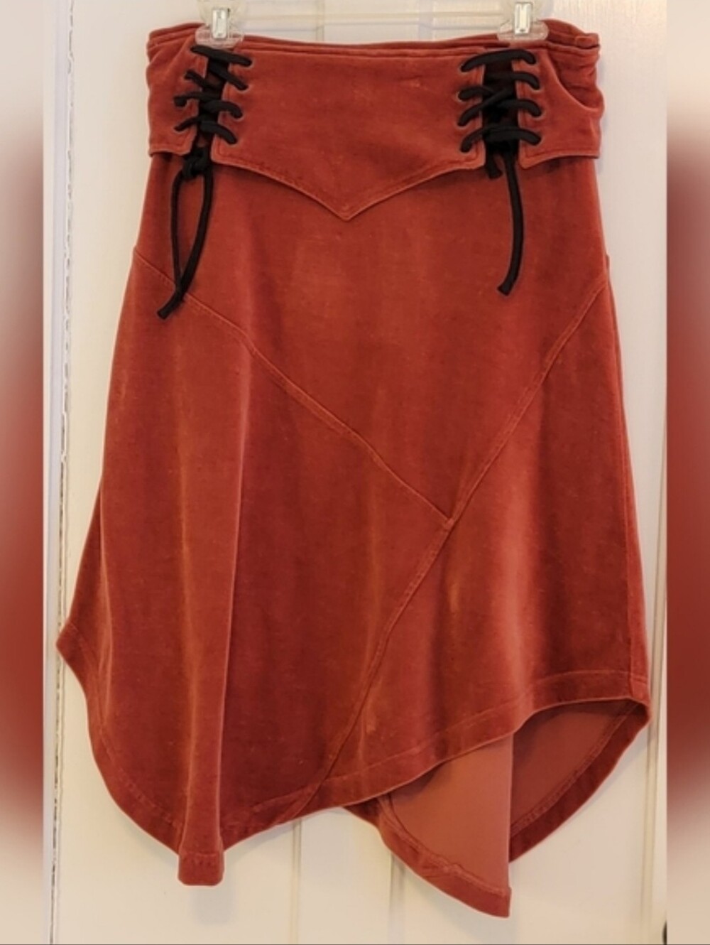 Organic Cotton Velvet Asymmetric Skirt Lace-Up Rust Small Ethical Fashion